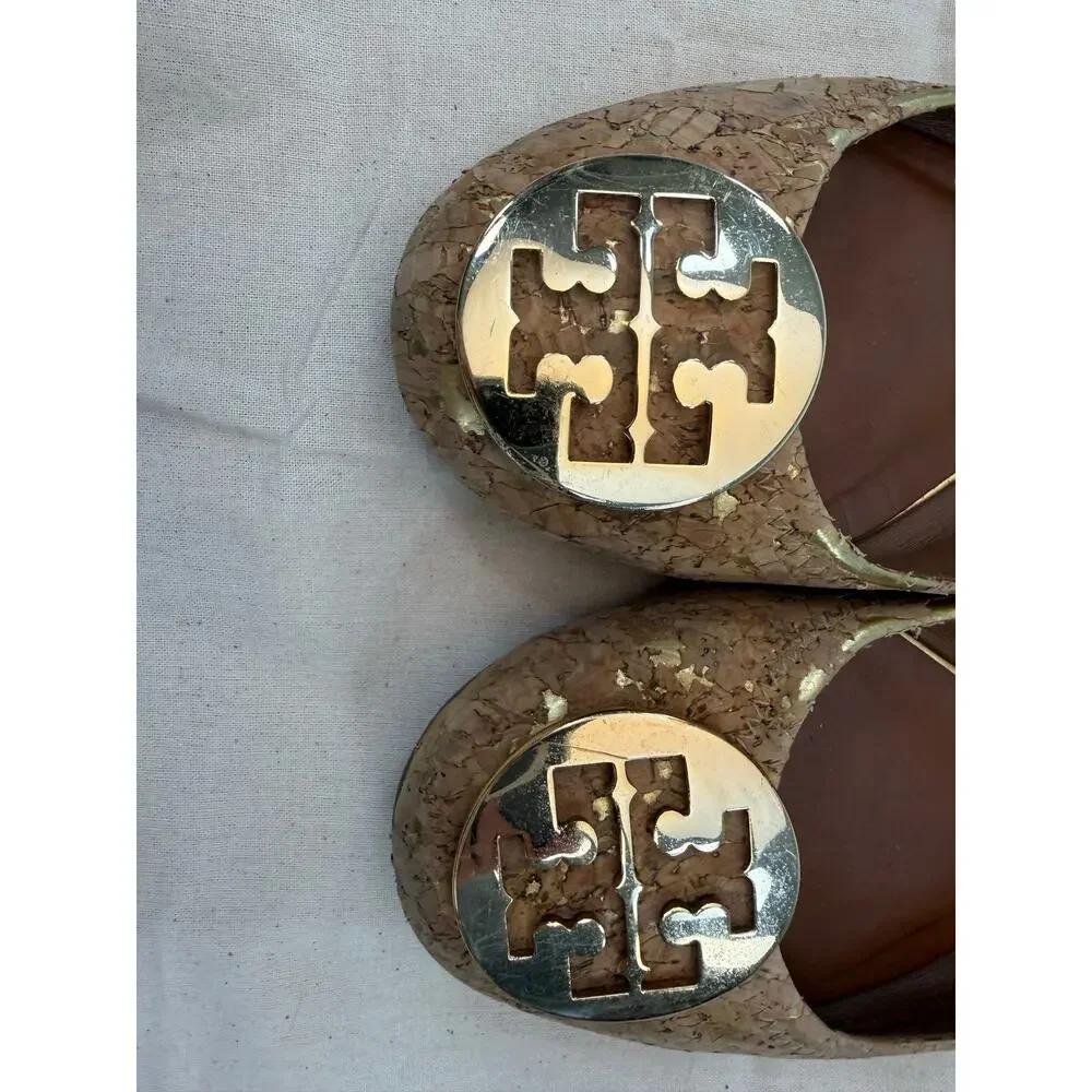 Tory Burch Gold Cork Ballet Flats Reva Logo Medallion Size 8.5M
